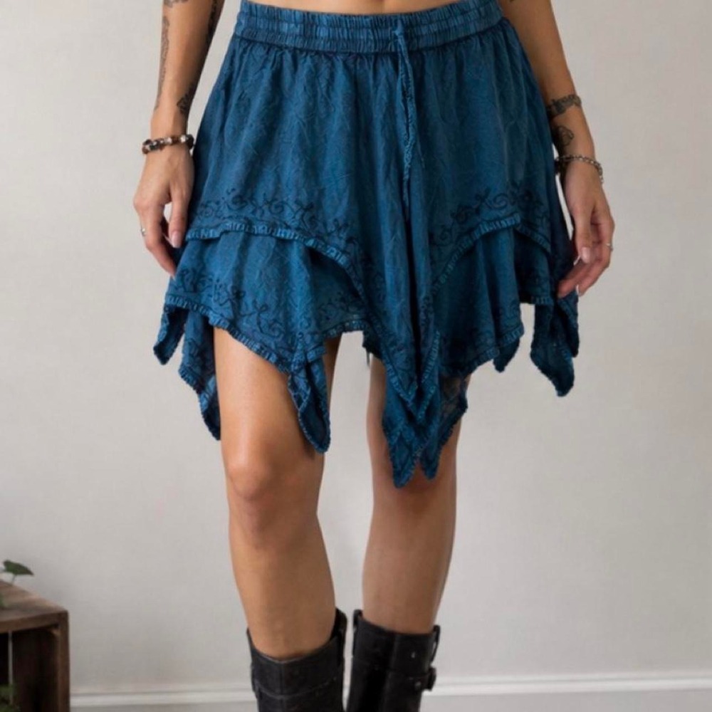 Y2K Fairy Grunge Embroidered Handkerchief Hem Skirt Teal Blue Freesize